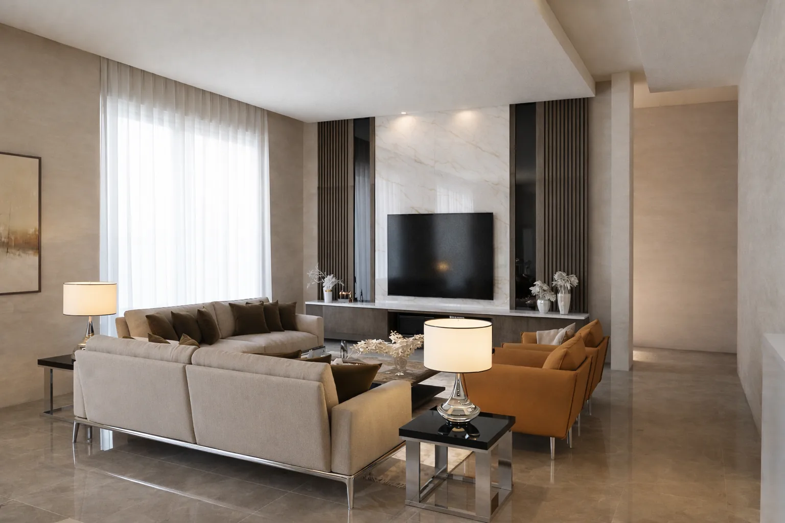 Contemporary TV feature wall with marble and vertical timber detailing