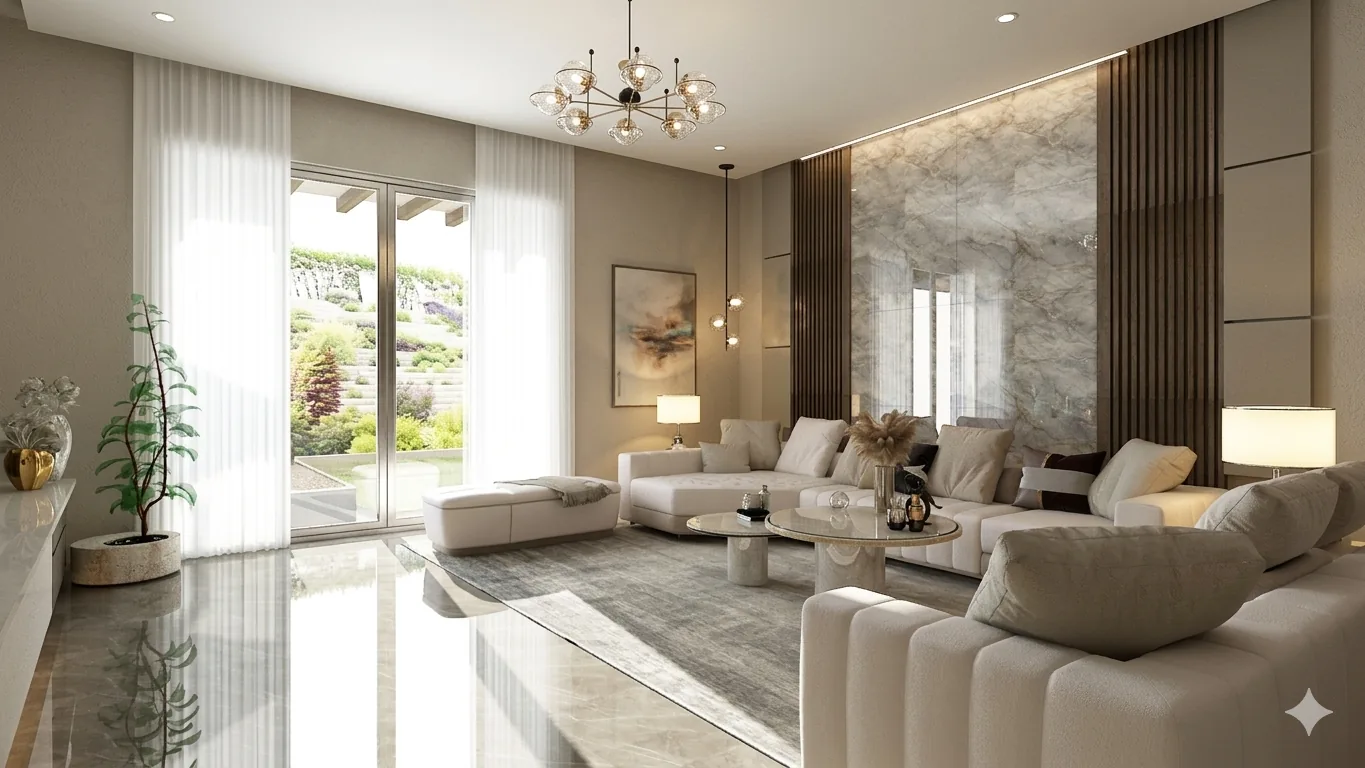 Warm contemporary living room interior visualization