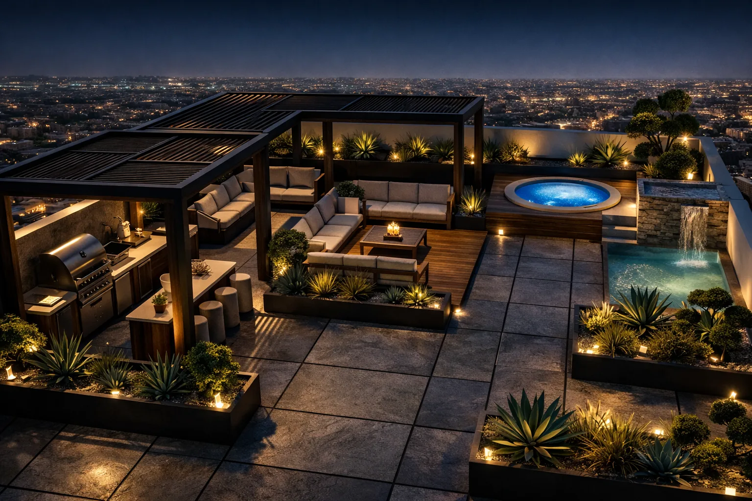 Luxury rooftop terrace with pergola seating, planting, water features and night lighting