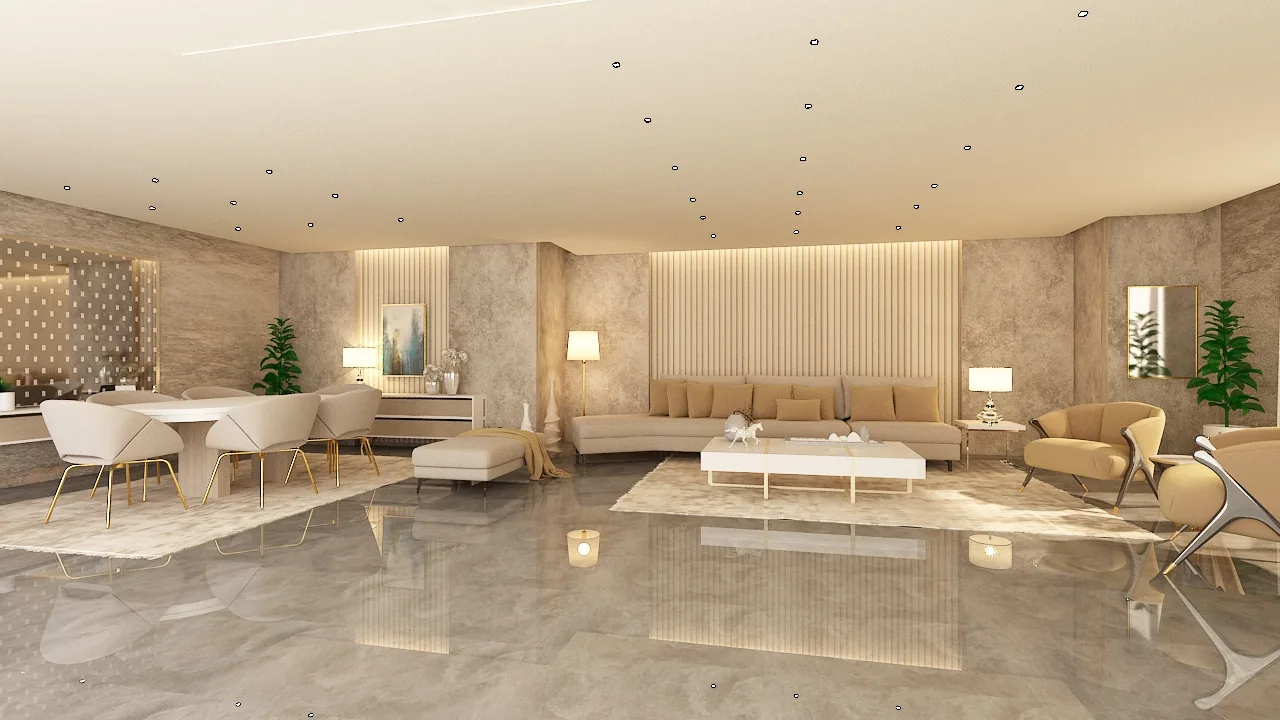 Open-plan family living and dining interior visualization