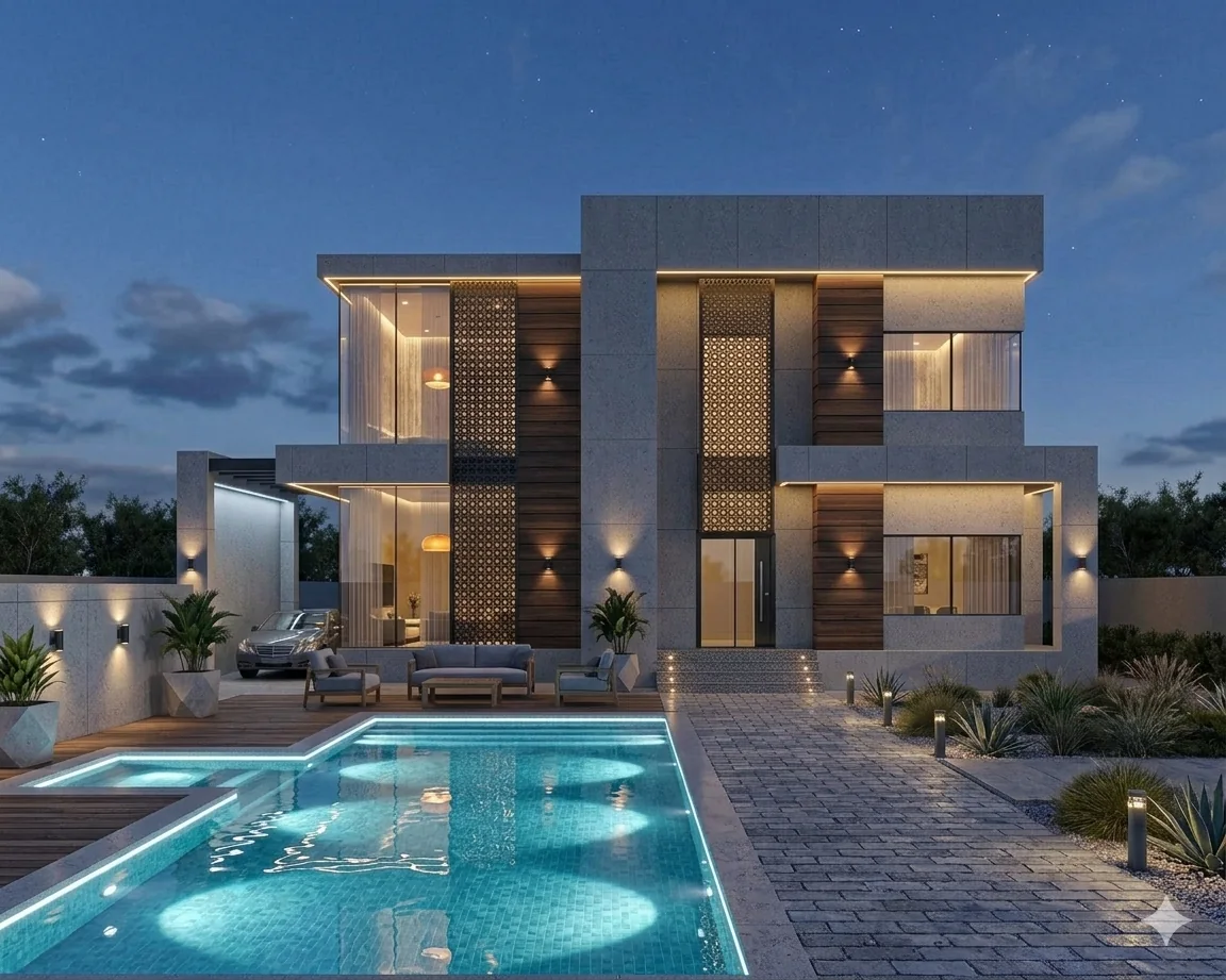 Modern villa exterior visualization at night with pool and landscape lighting