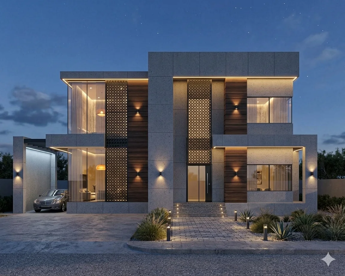 Modern villa exterior visualization at night with architectural lighting