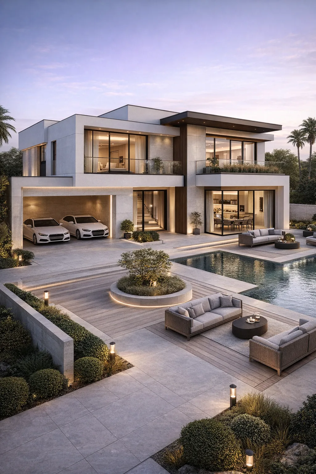 Modern villa exterior with pool, landscaped garden and outdoor seating