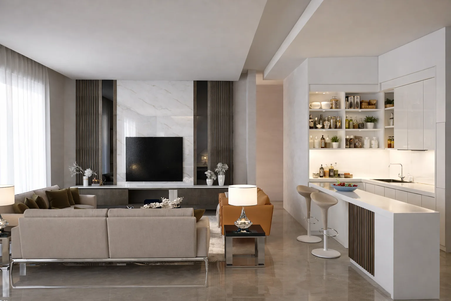 Open-plan kitchen and living interior visualization