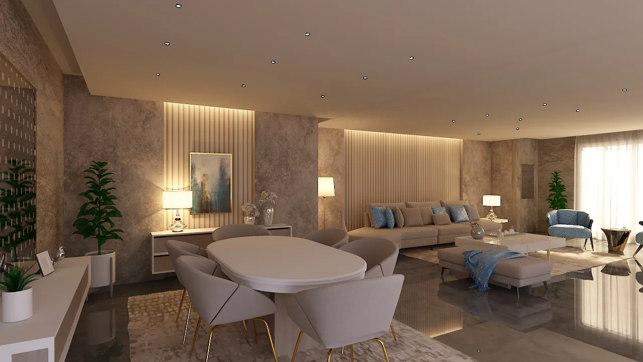 Open-plan living and dining interior with coordinated material palette