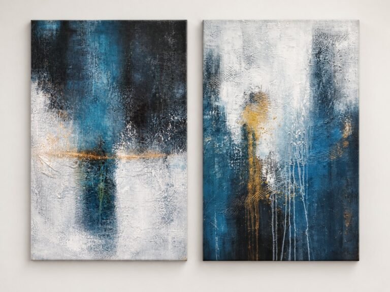 Pair of vertical abstract artworks in blue, white and gold