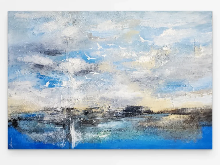 Horizontal abstract artwork in blue, white and grey