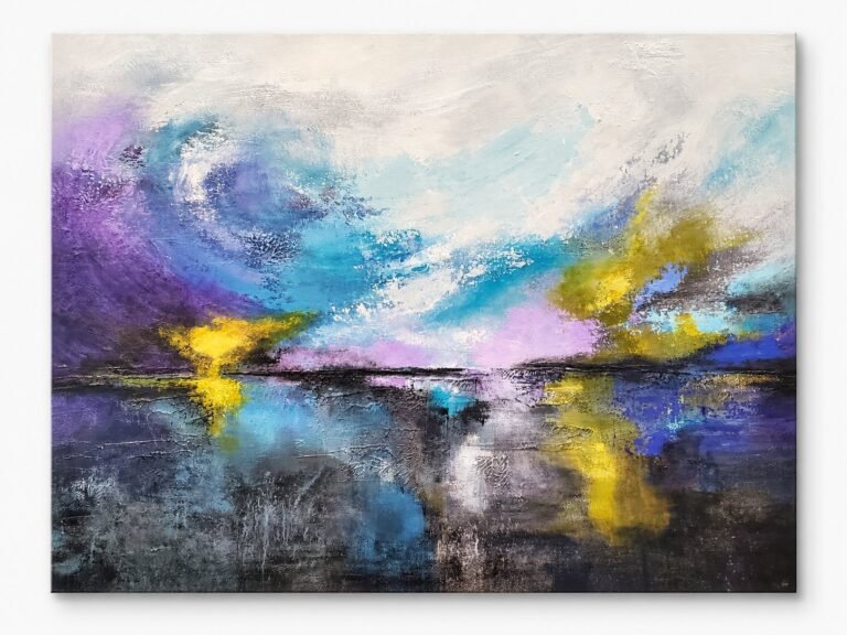 Abstract artwork with blue, violet and yellow colour accents