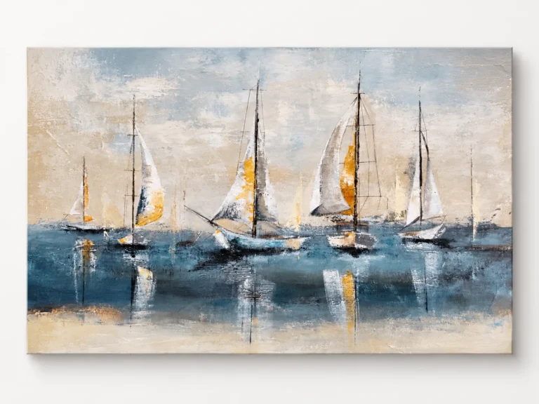 Artwork depicting sailboats in blue and warm neutral tones