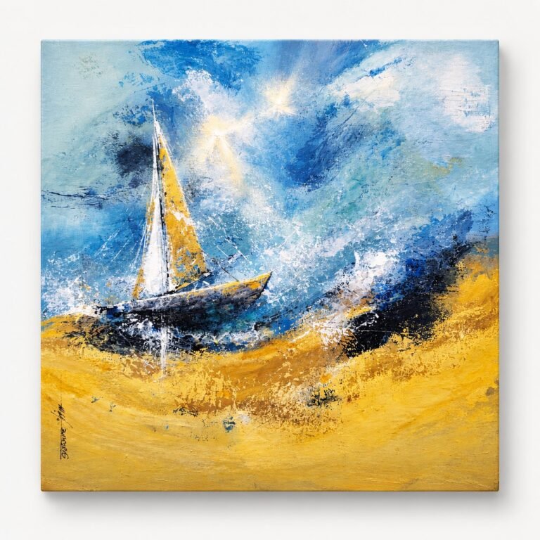 Artwork depicting a sailboat with blue, white and yellow tones